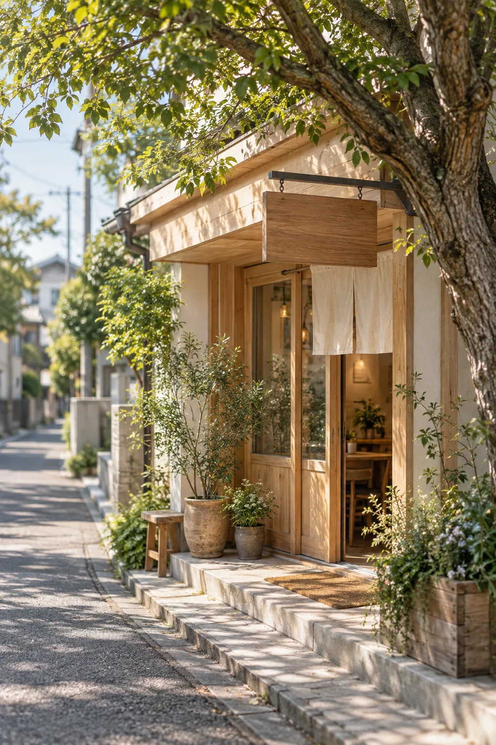 大きな木のある店の外観