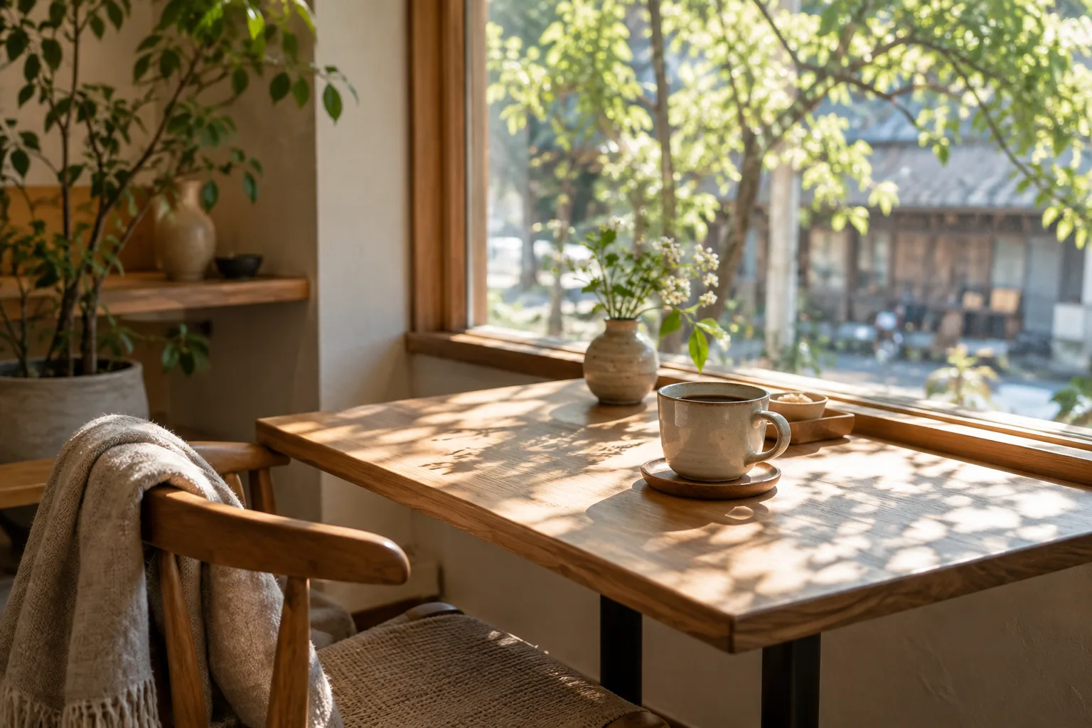 木漏れ日の差す窓辺の席とコーヒー