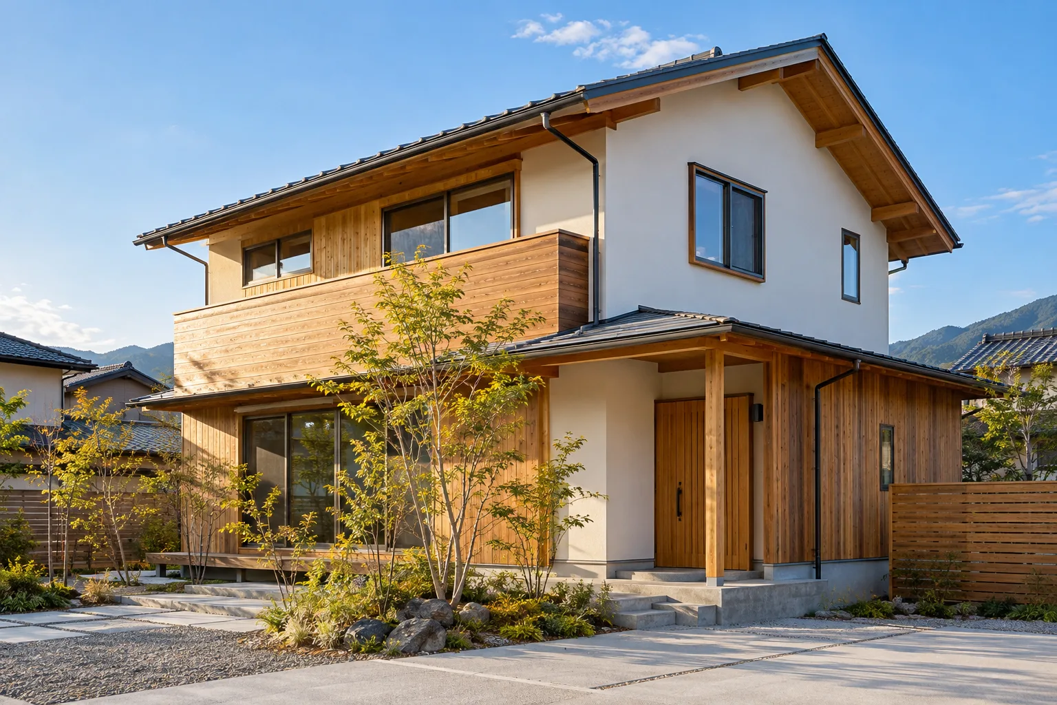 木の外壁の二階建ての家