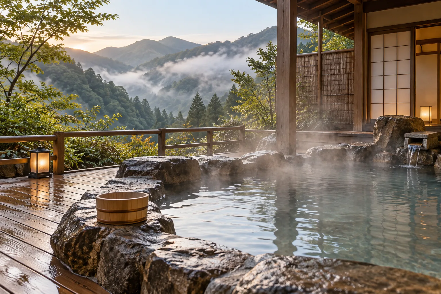 朝霧の中の露天風呂