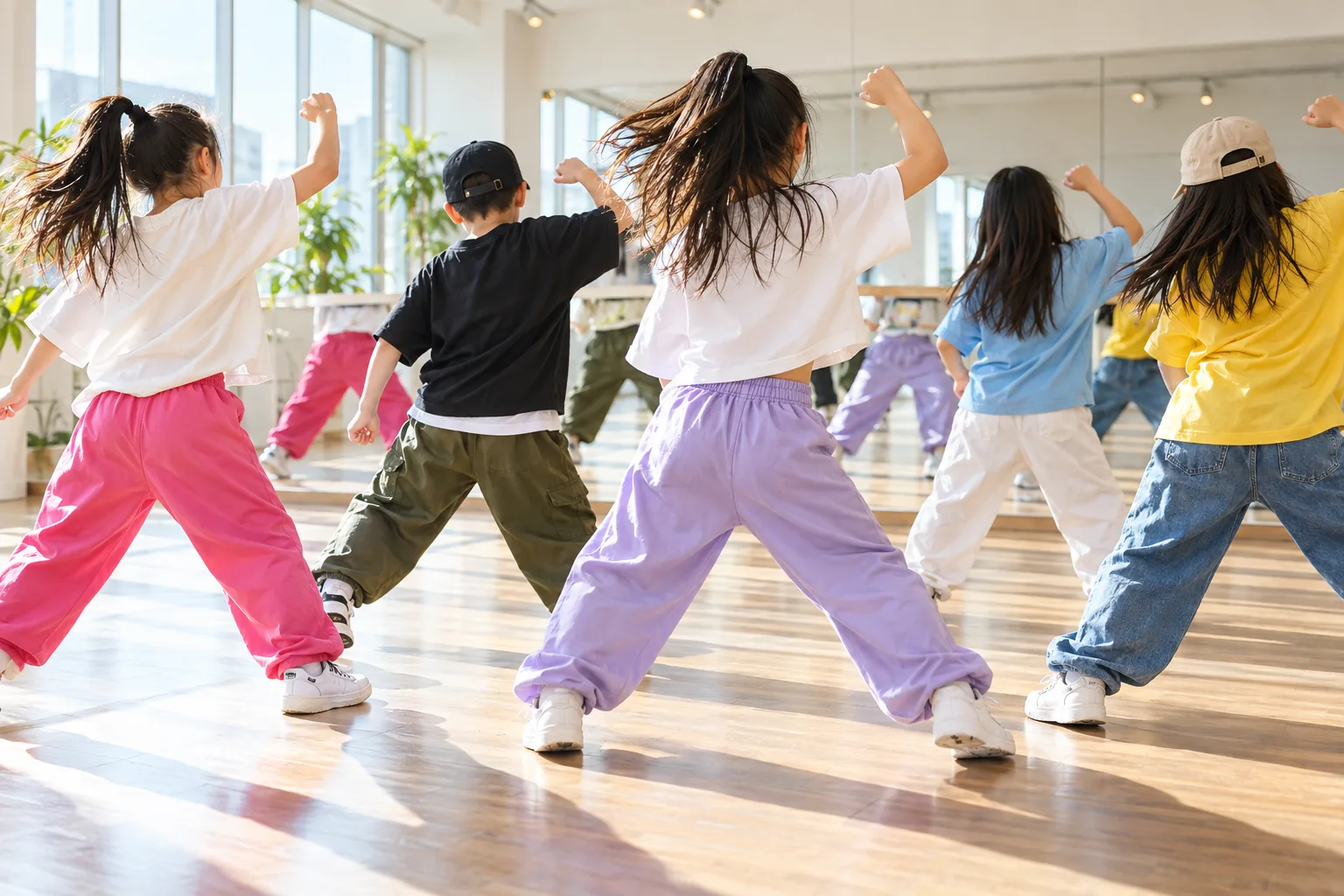 鏡の前で踊る子どもたちの後ろ姿