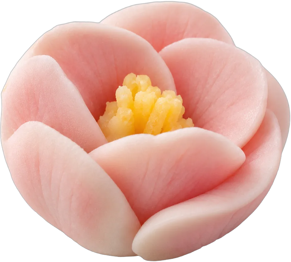 淡い紅色の椿をかたどった練り切り