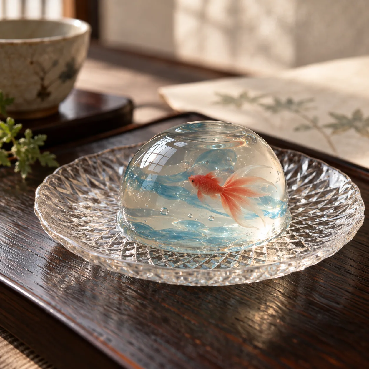金魚が泳ぐ透きとおった葛の菓子