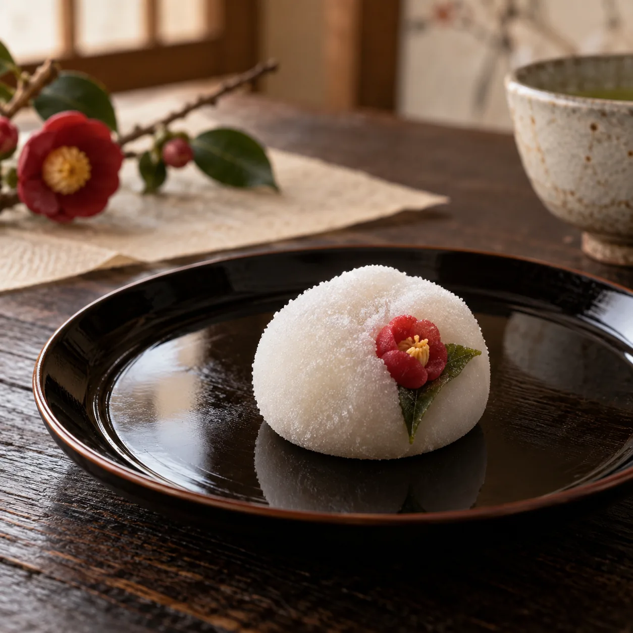白い雪のような菓子に紅い椿