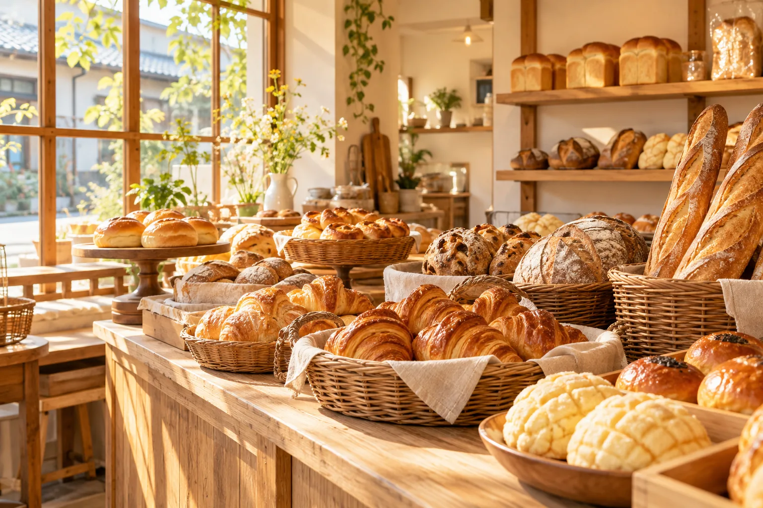 朝の光が入る店内。木の棚にパンが並ぶ
