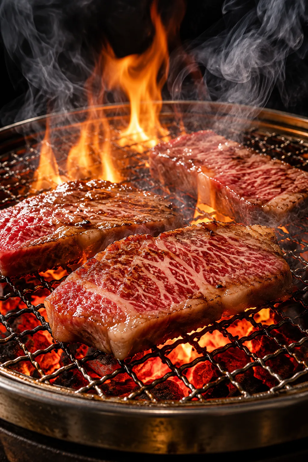 炭火の網の上で焼ける霜降りの和牛