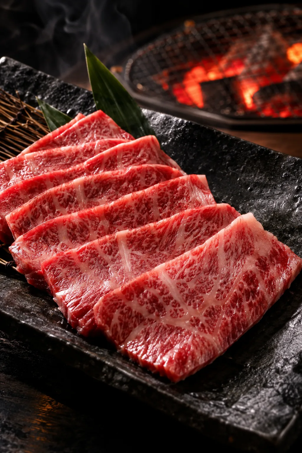 黒い石の皿に並んだ霜降りの和牛
