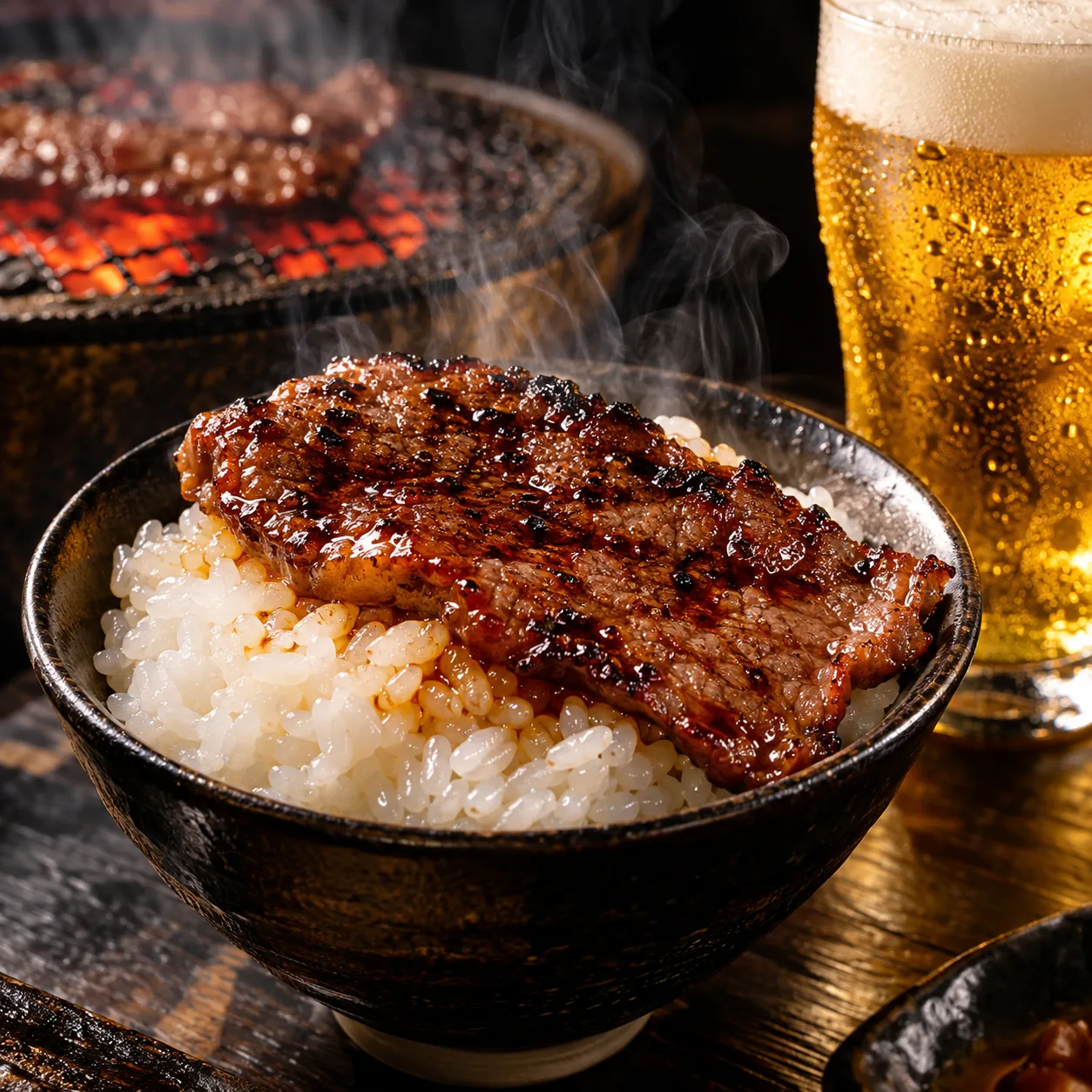 焼いた肉をのせたご飯とビール