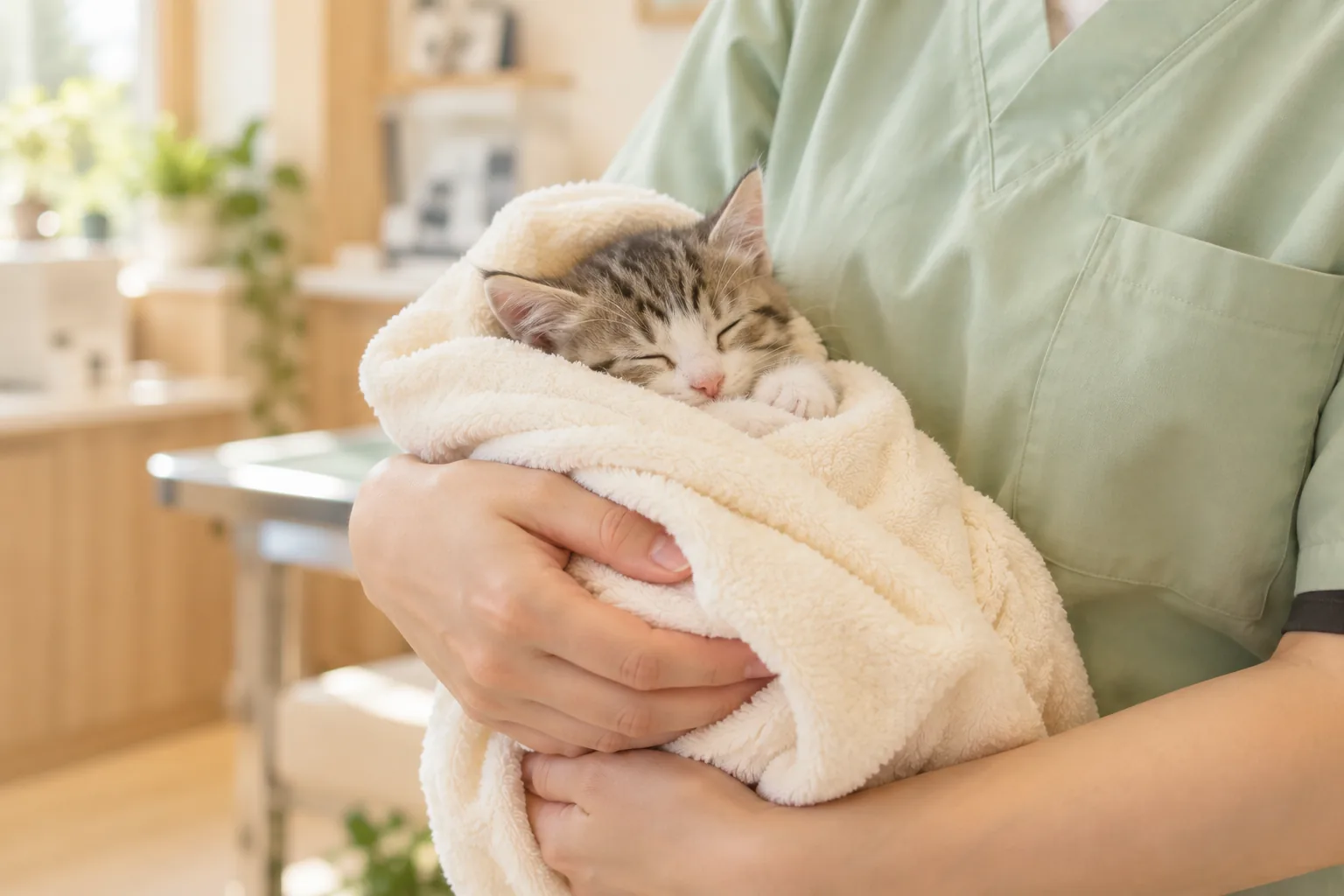 タオルにくるまれて眠る子猫を、やさしく抱く手