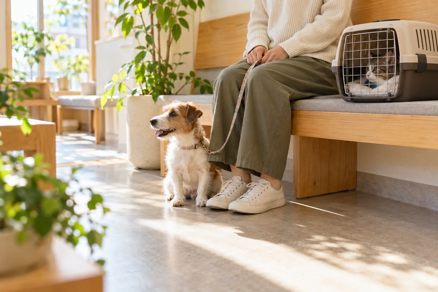 木のベンチで飼い主さんの足もとにすわる犬