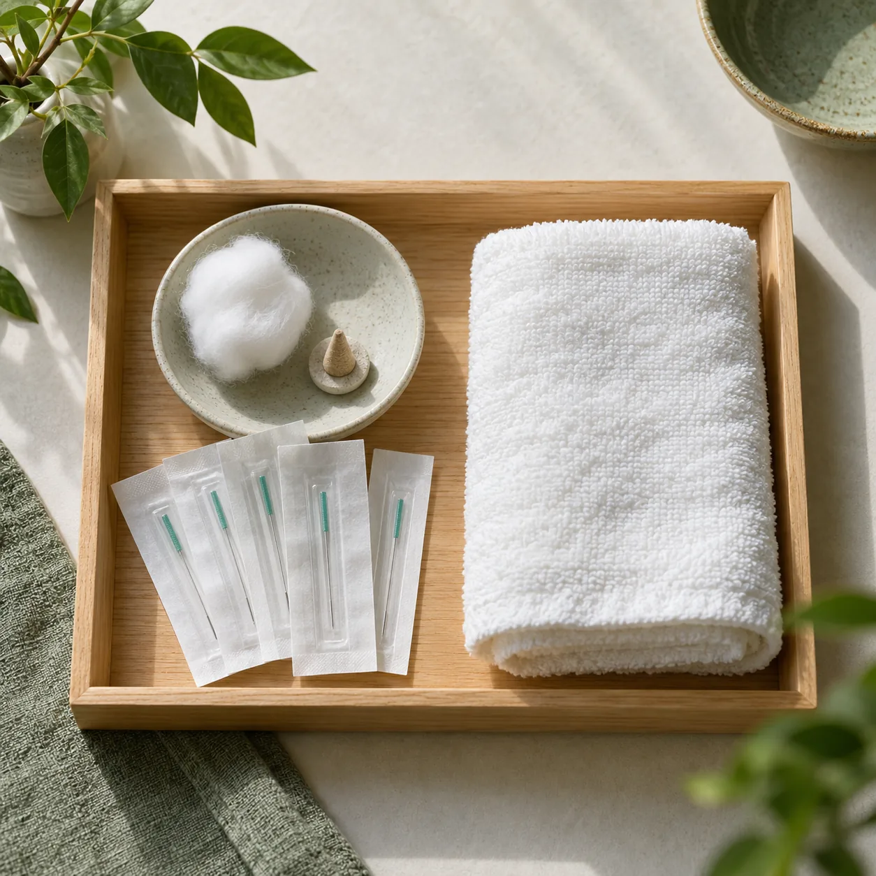 木のトレーに並んだ、個包装のはりとタオル
