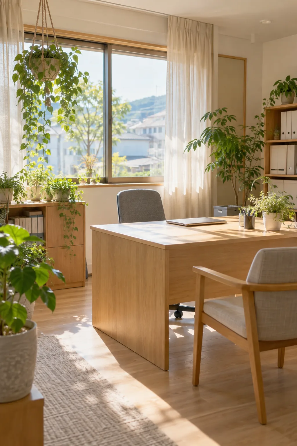 木の机と観葉植物がある明るい事務所