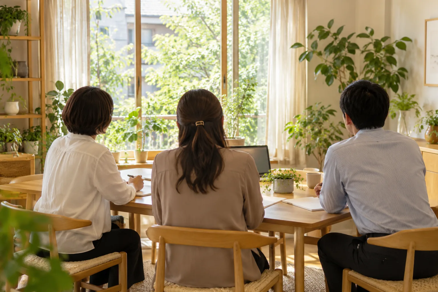 植物のある部屋で打ち合わせをする3人の後ろ姿
