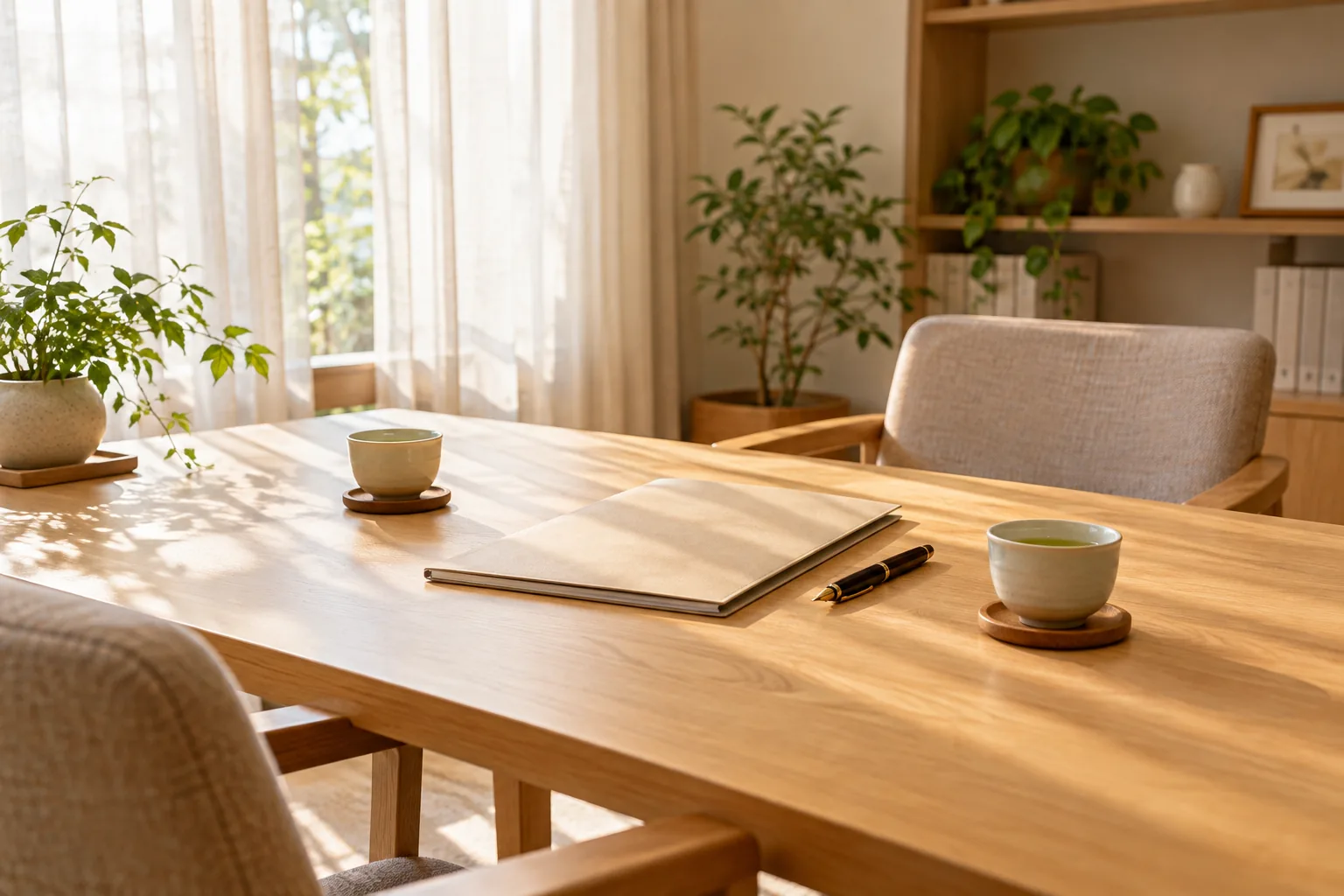 やわらかい光が入る相談室。机にお茶とファイル