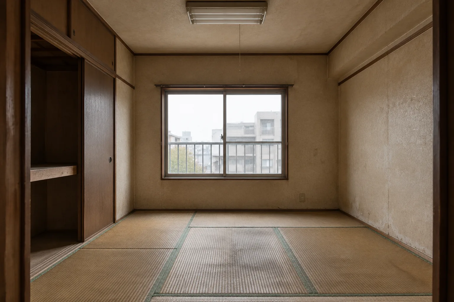 リノベーション前。古い壁紙と畳、押し入れのある部屋
