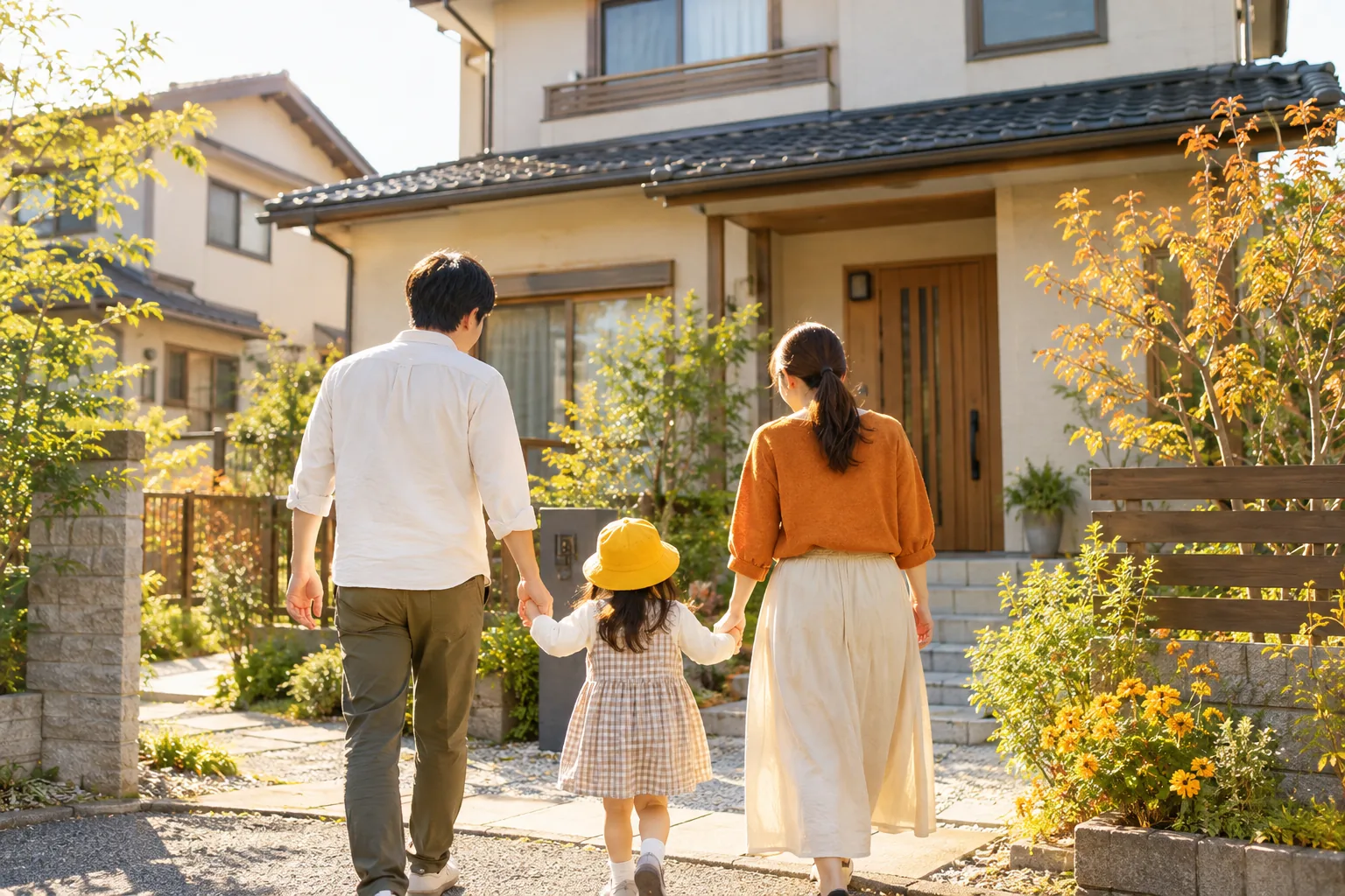 家族が手をつないで、庭のある家へ歩いていく後ろ姿