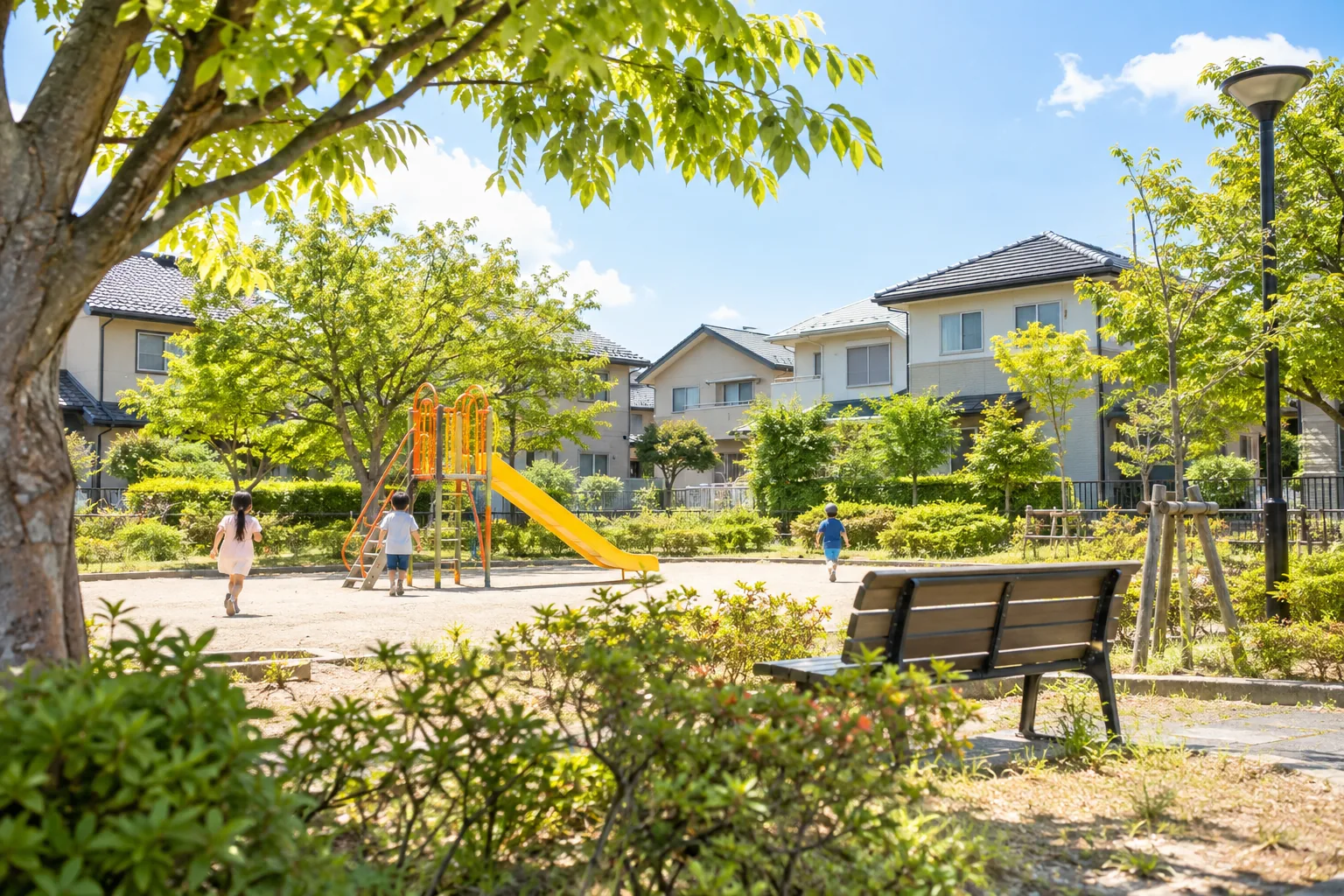 すべり台と木のある、近所の公園