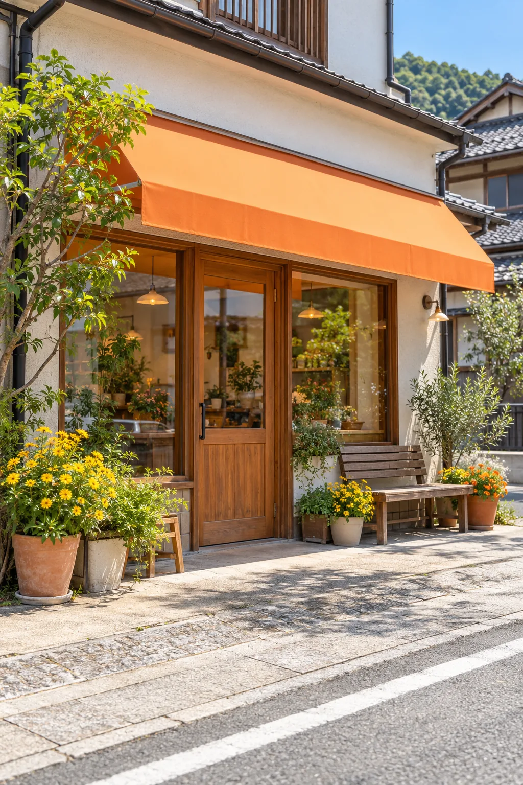 オレンジのひさしと花の鉢がある、お店の入口