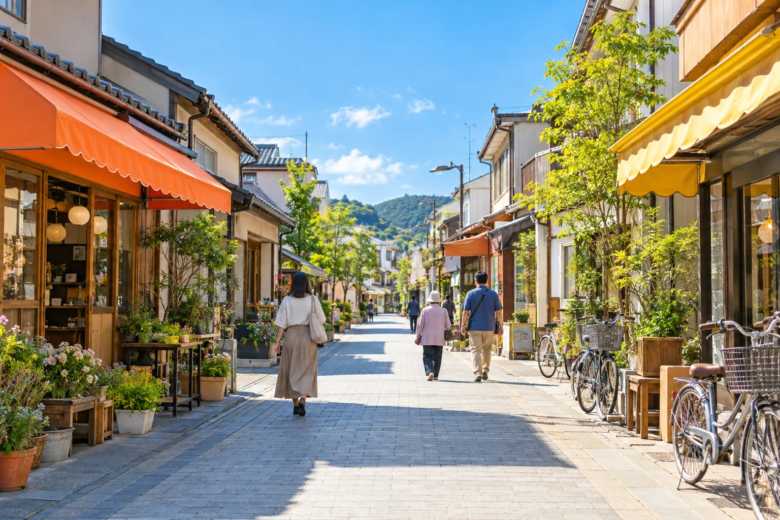オレンジと黄色のひさしが並ぶ、晴れた日の商店街
