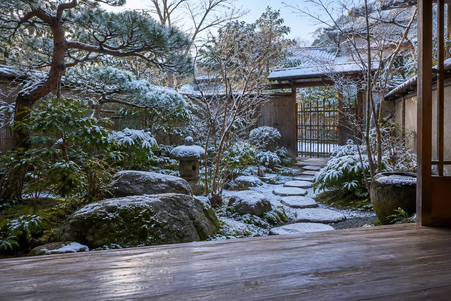 うっすら雪の積もった冬の庭