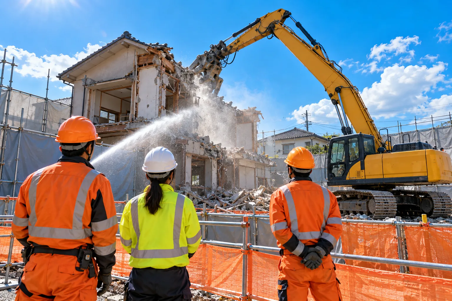 水をまきながら古い建物を解体する重機