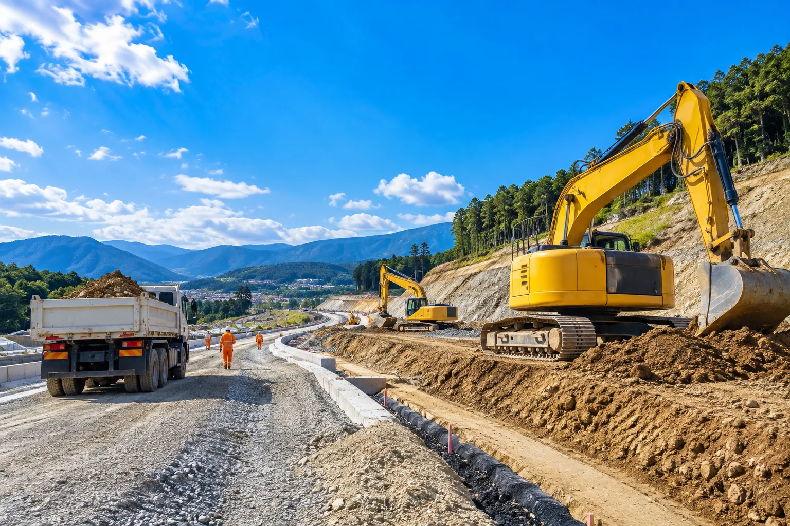 新しい道路をつくっている、晴れた日の現場