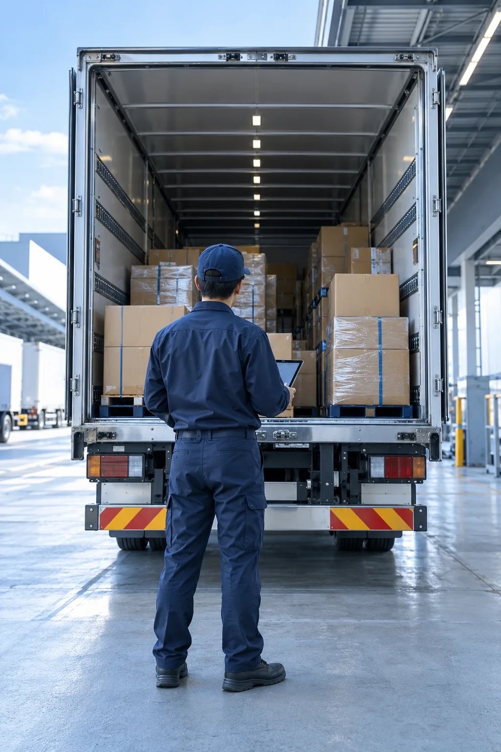 トラックの荷台で荷物を確かめるスタッフの後ろ姿