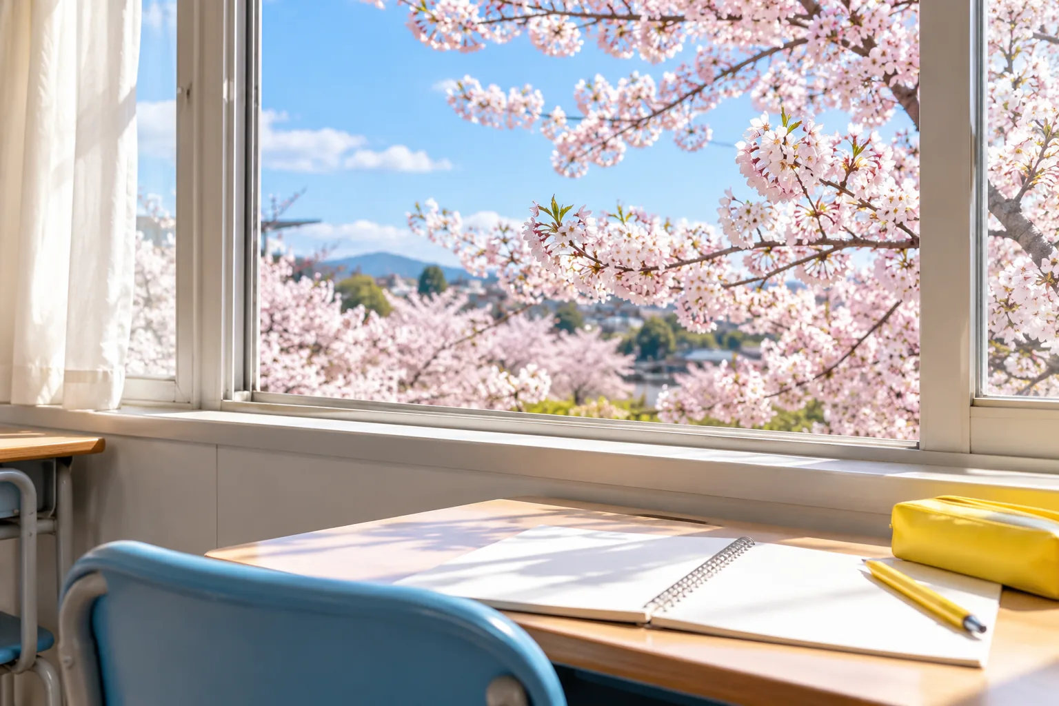 校舎の窓の外に咲く桜