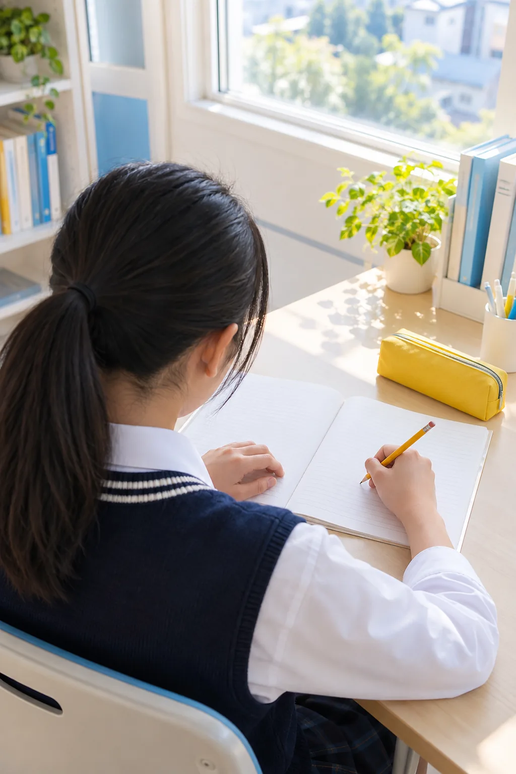 ノートに書きこむ中学生の後ろ姿