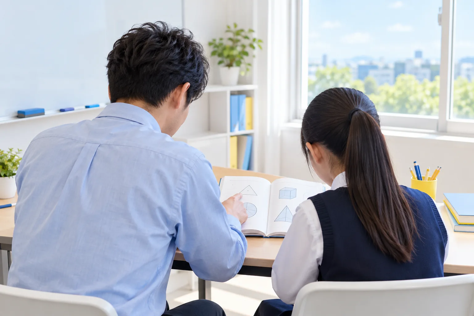先生が教科書を指さして教えるところ