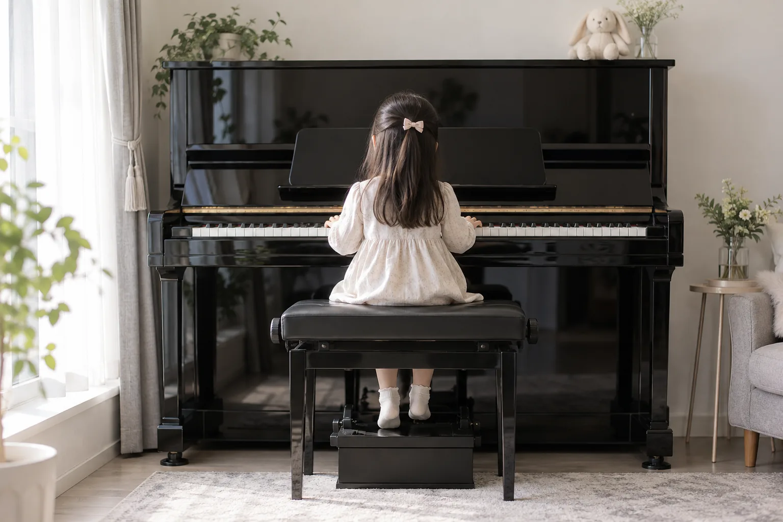 ピアノの椅子に座る小さな子どもの後ろ姿