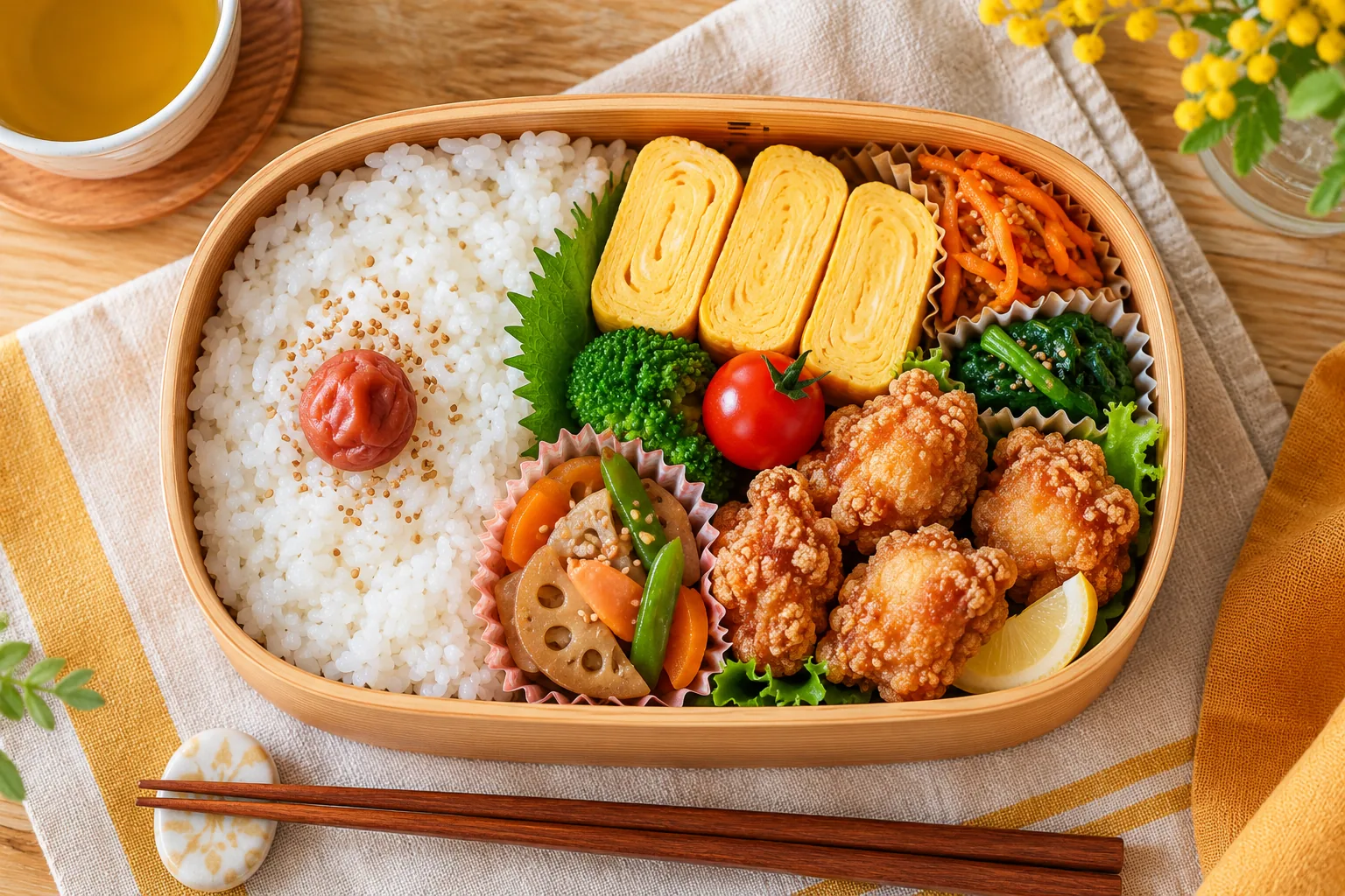 ごはんと卵焼きとおかずを詰めたお弁当