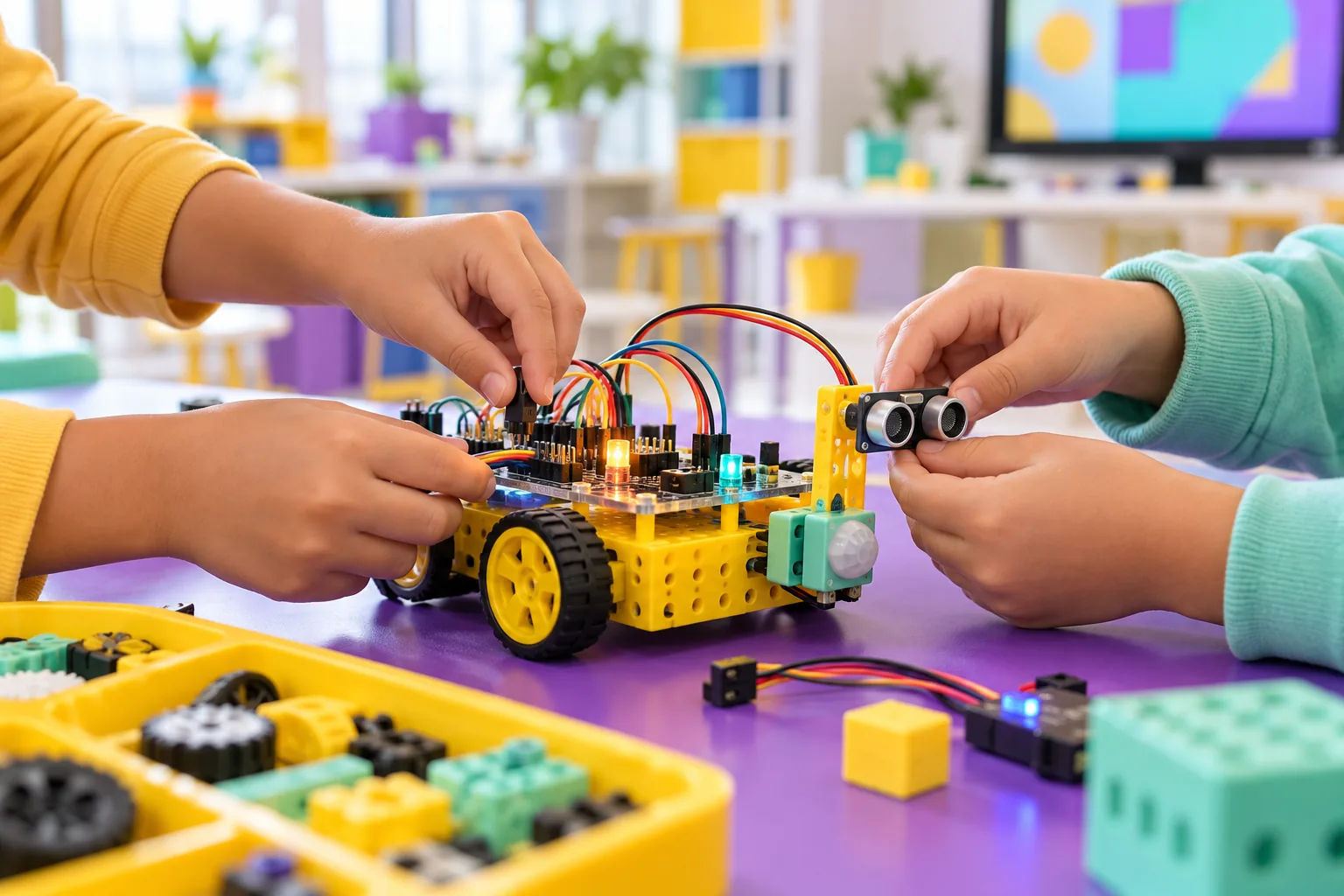ロボットの基板に配線する子どもの手元