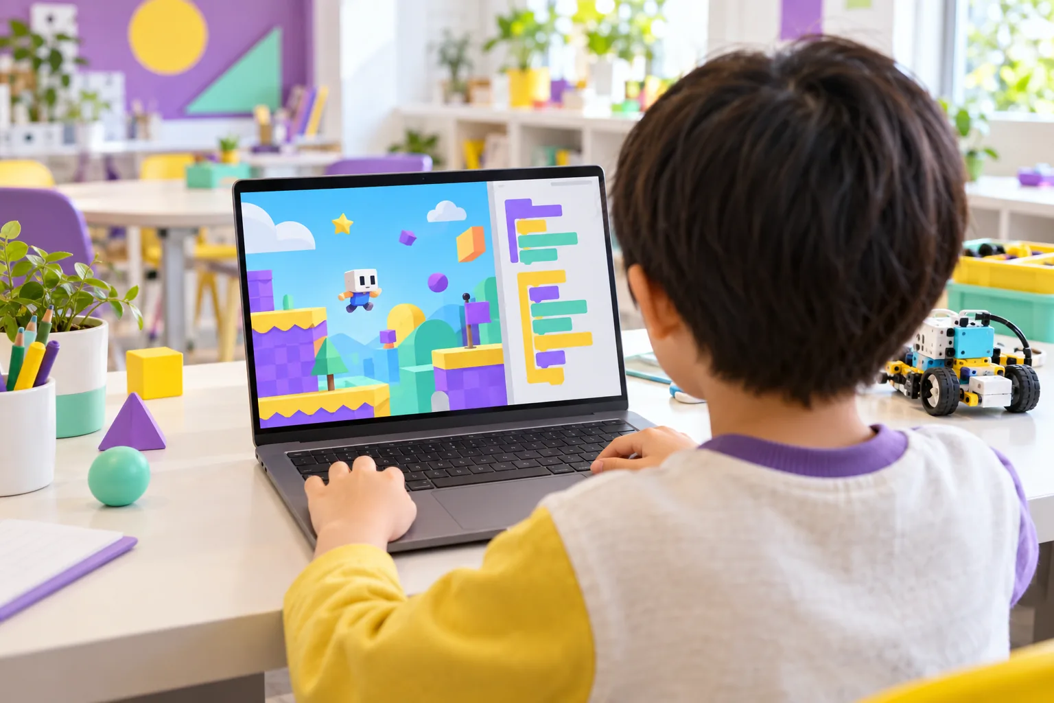 ノートパソコンでゲームを作る子どもの肩ごしの画面