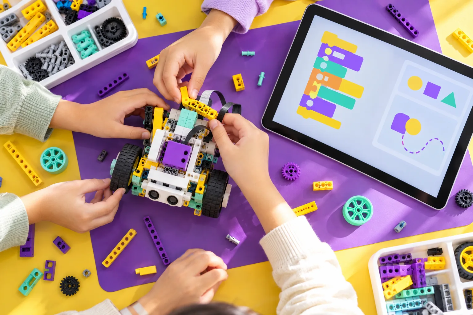 ブロックでロボットを組み立てる子どもの手元とタブレット