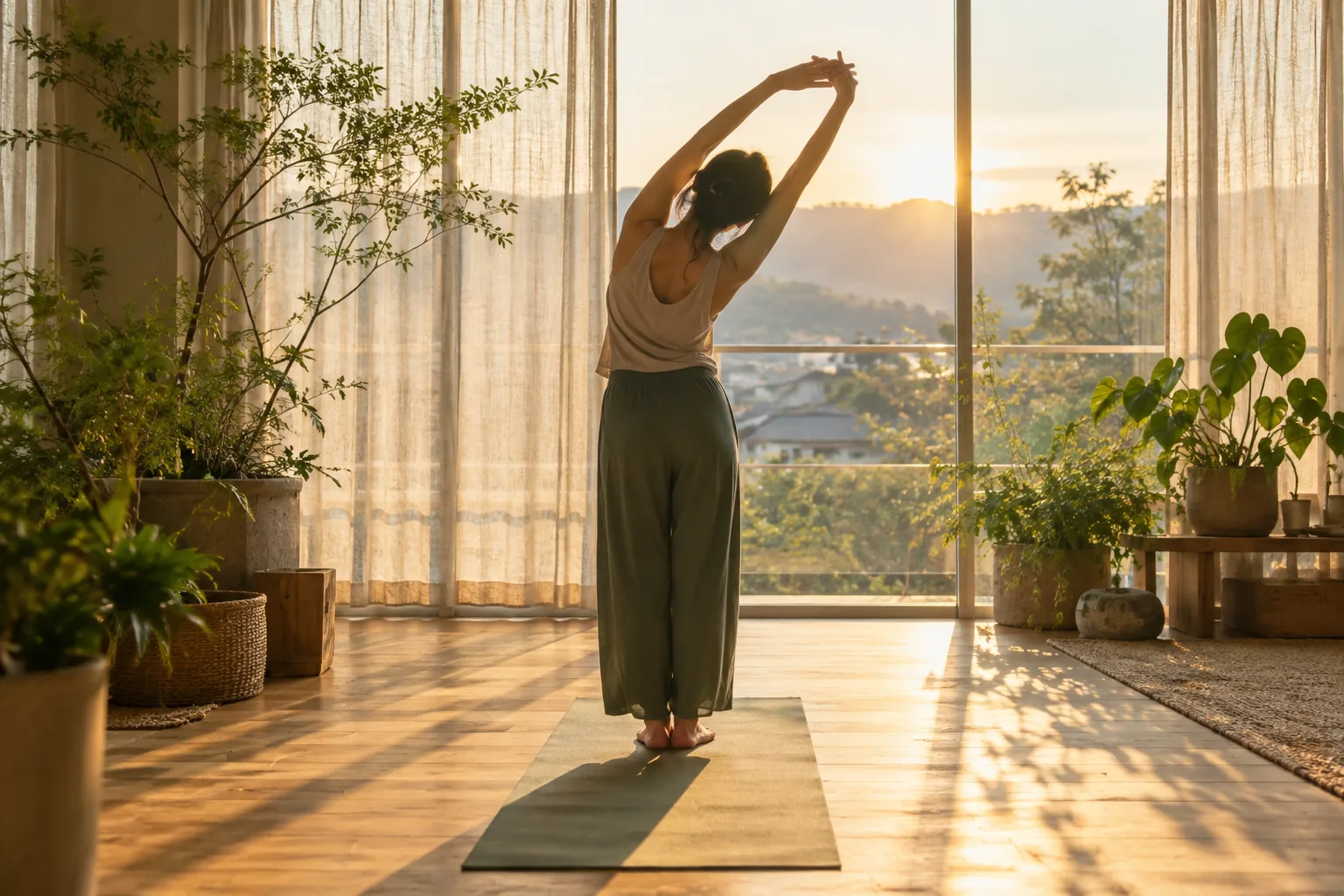 朝日の窓辺で、立ってのびをする人の後ろ姿