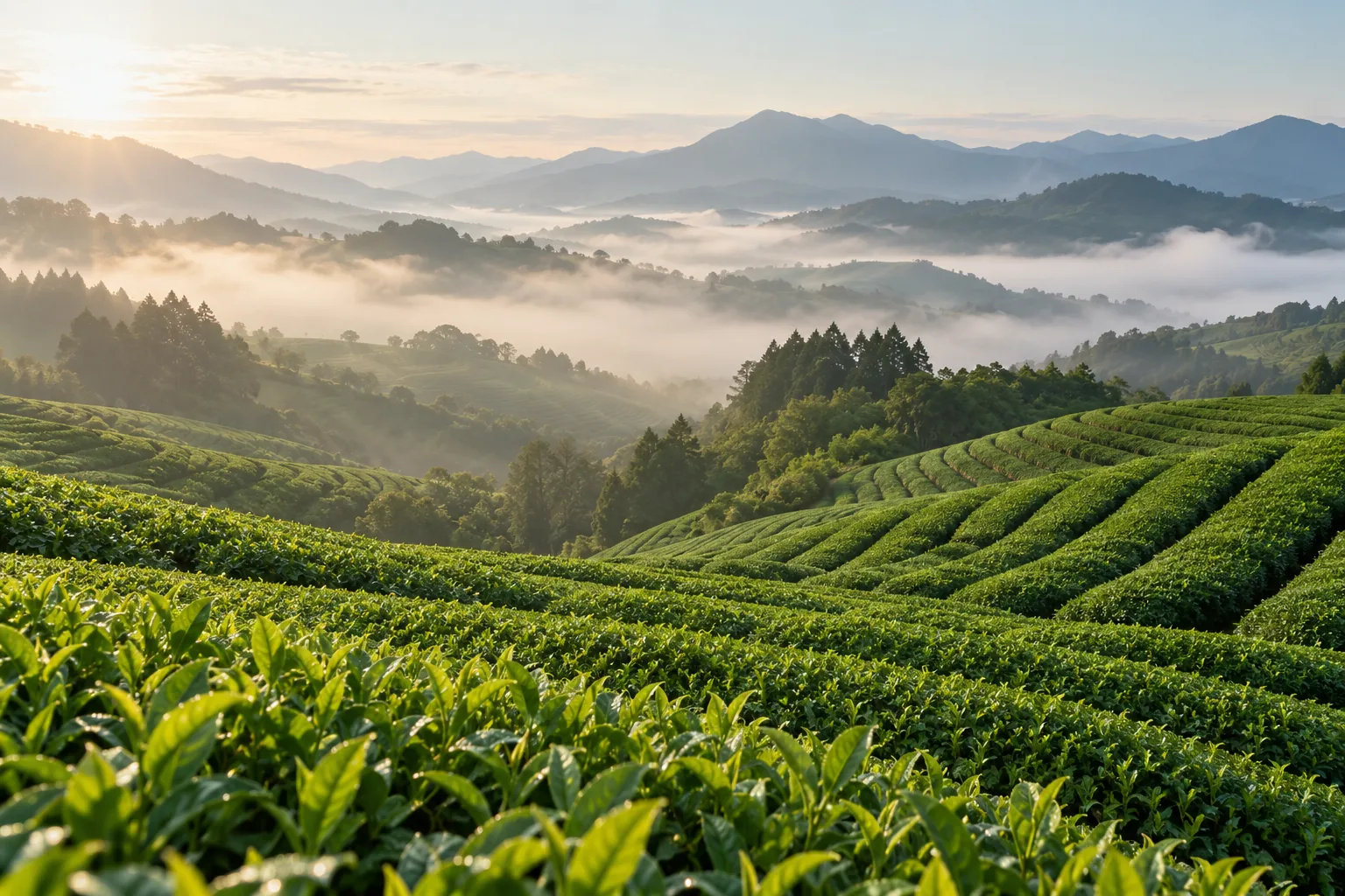 朝もやの中の、なだらかな茶畑