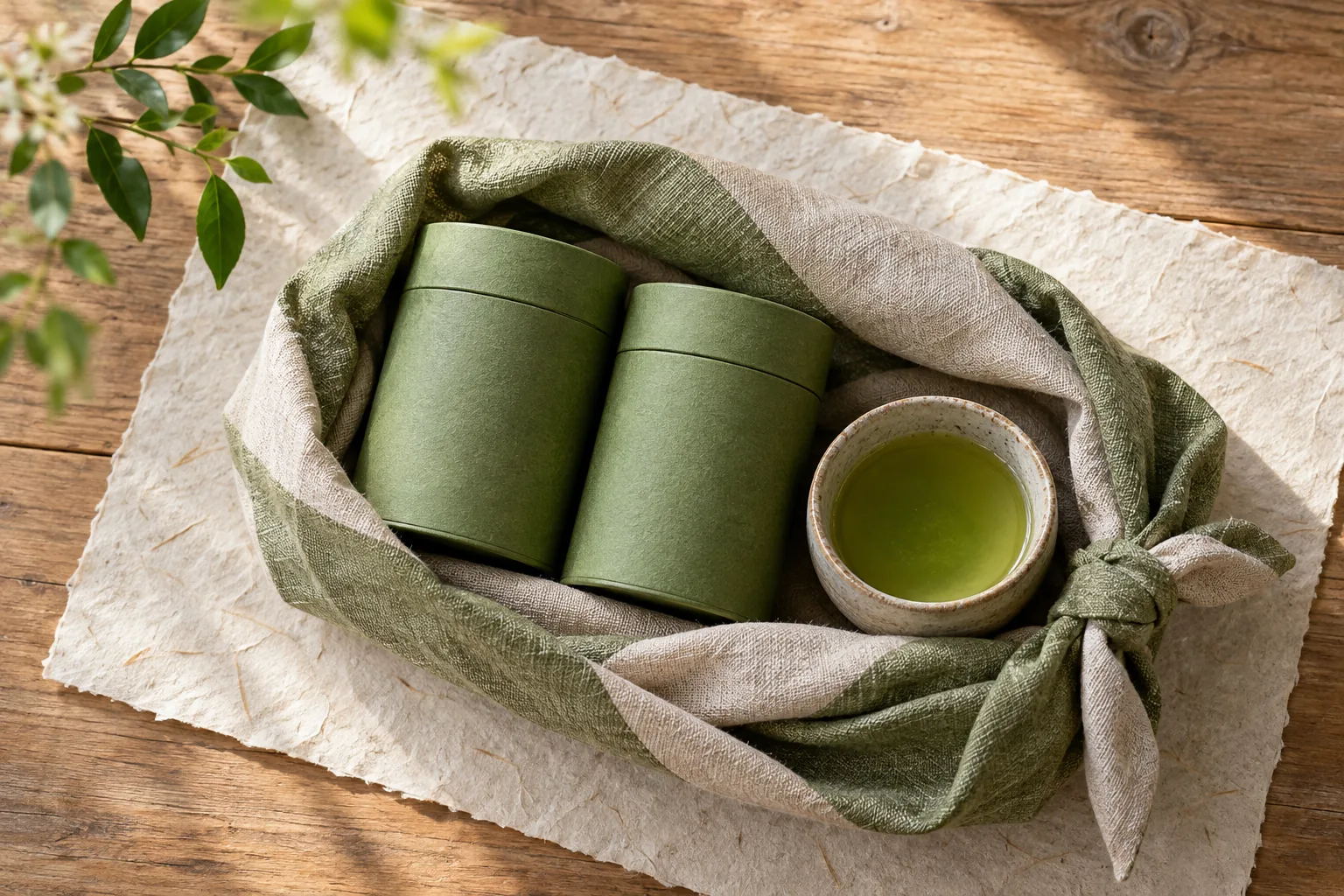 ふろしきで包んだ、茶缶二つと湯のみの贈りもの