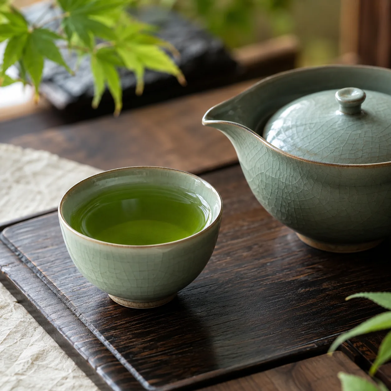 青磁の小さな湯のみに入った、深い緑の玉露