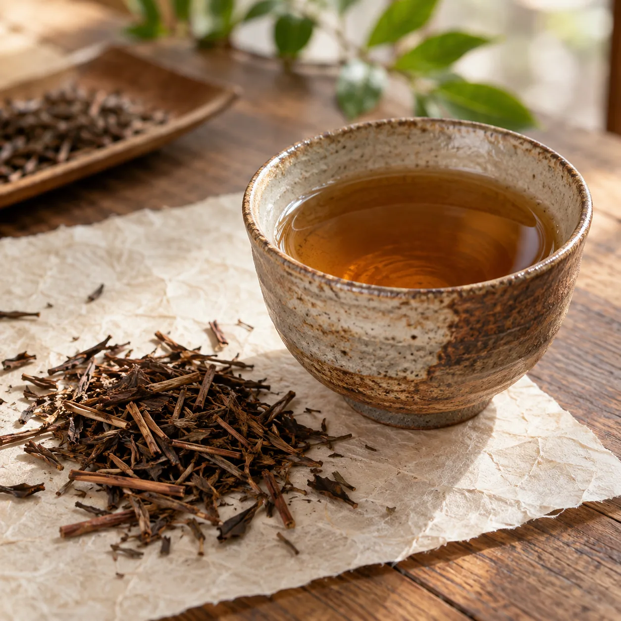 土ものの湯のみに入った、琥珀色のほうじ茶