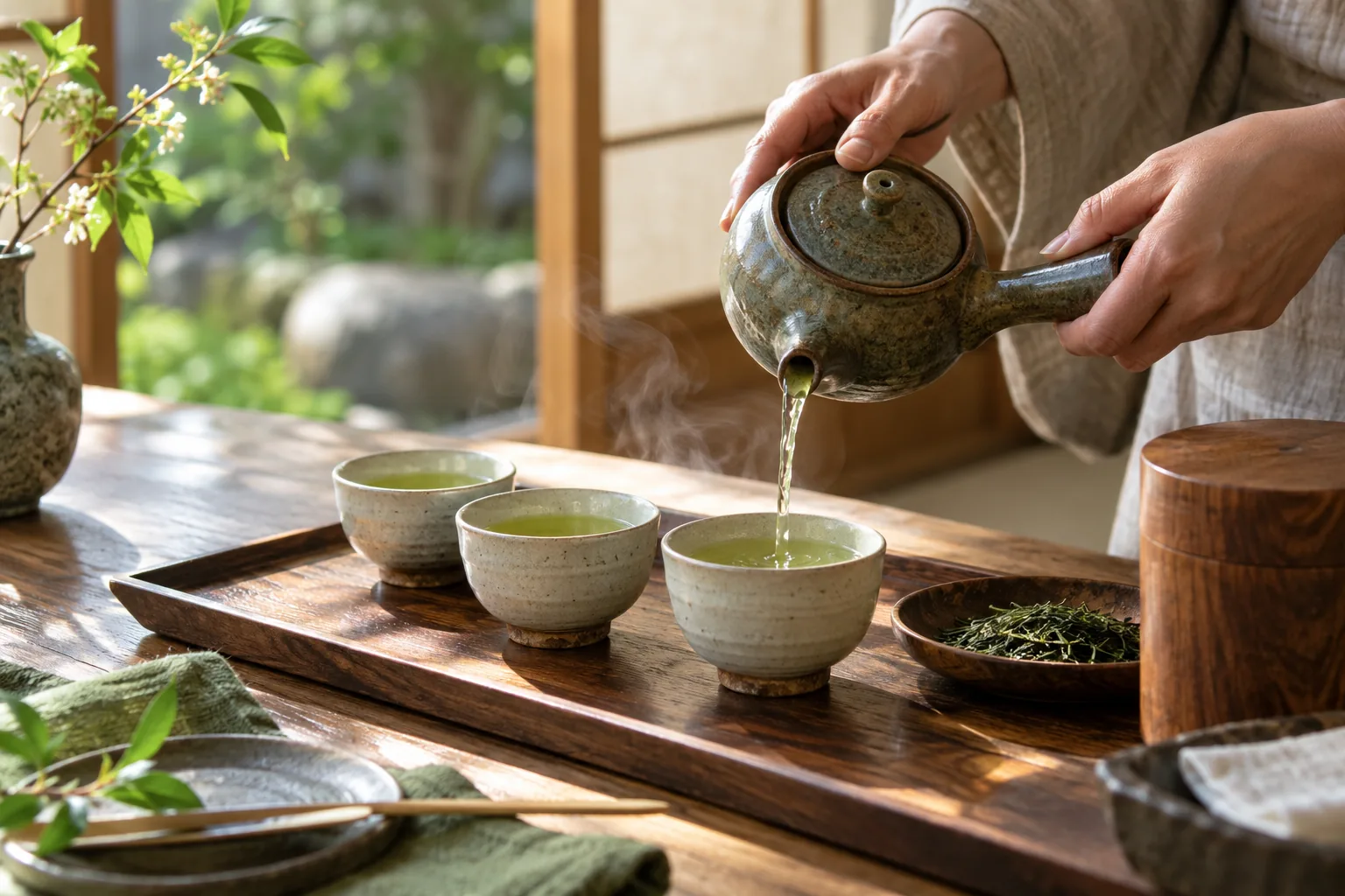 急須から湯のみにお茶を注ぐ手