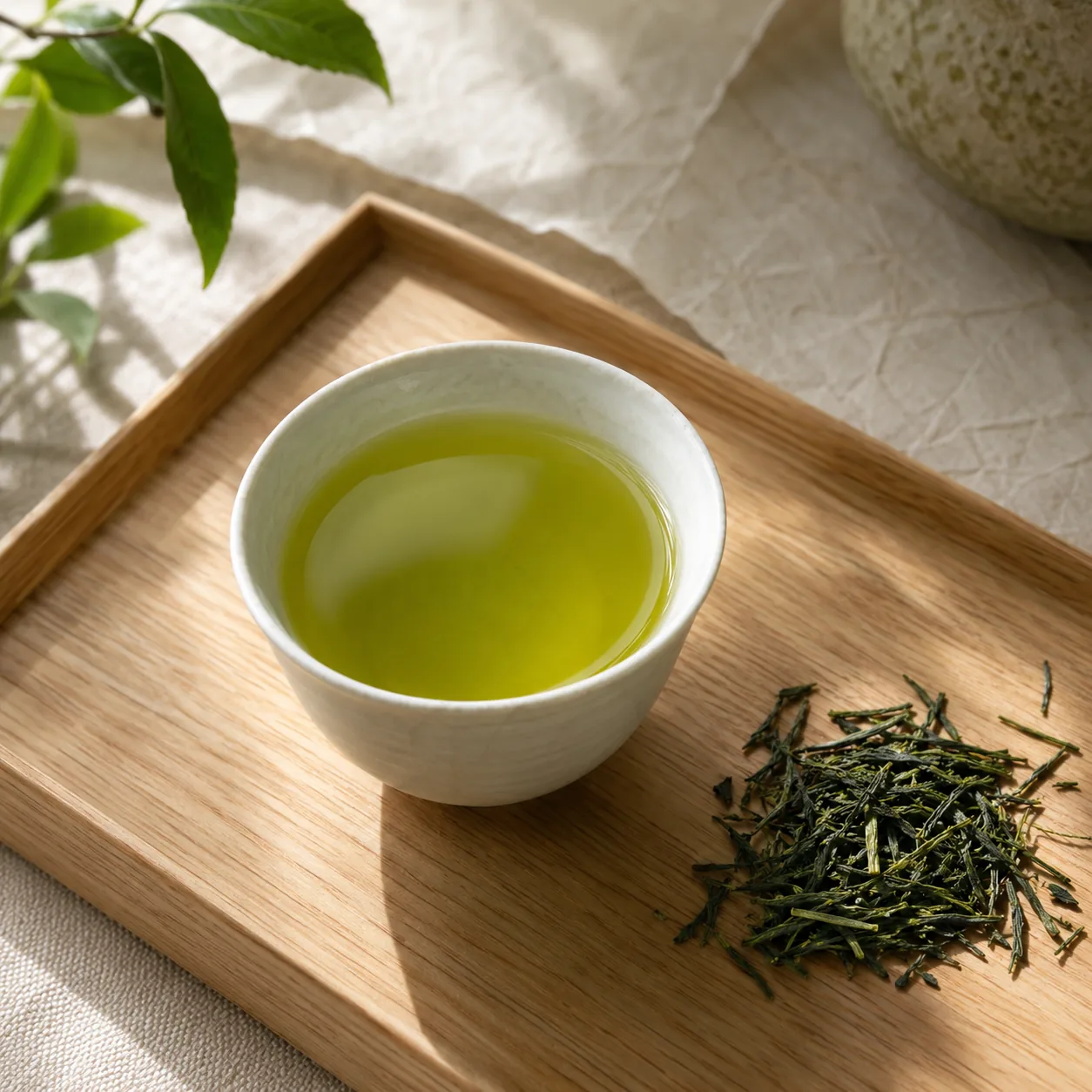 白い磁器の湯のみに入った、黄緑色の煎茶