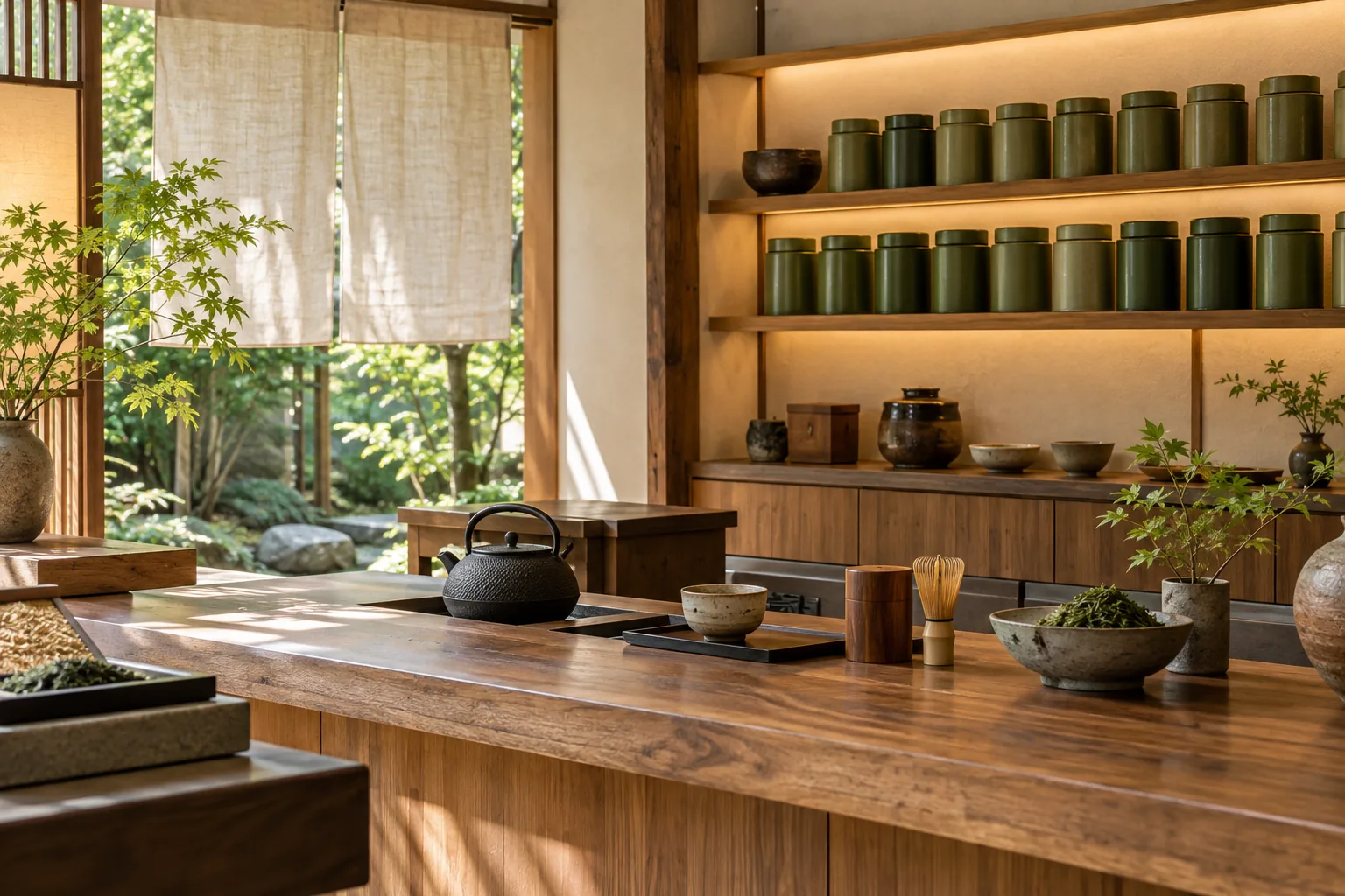 木のカウンターと茶缶の棚がある、小さな店の中