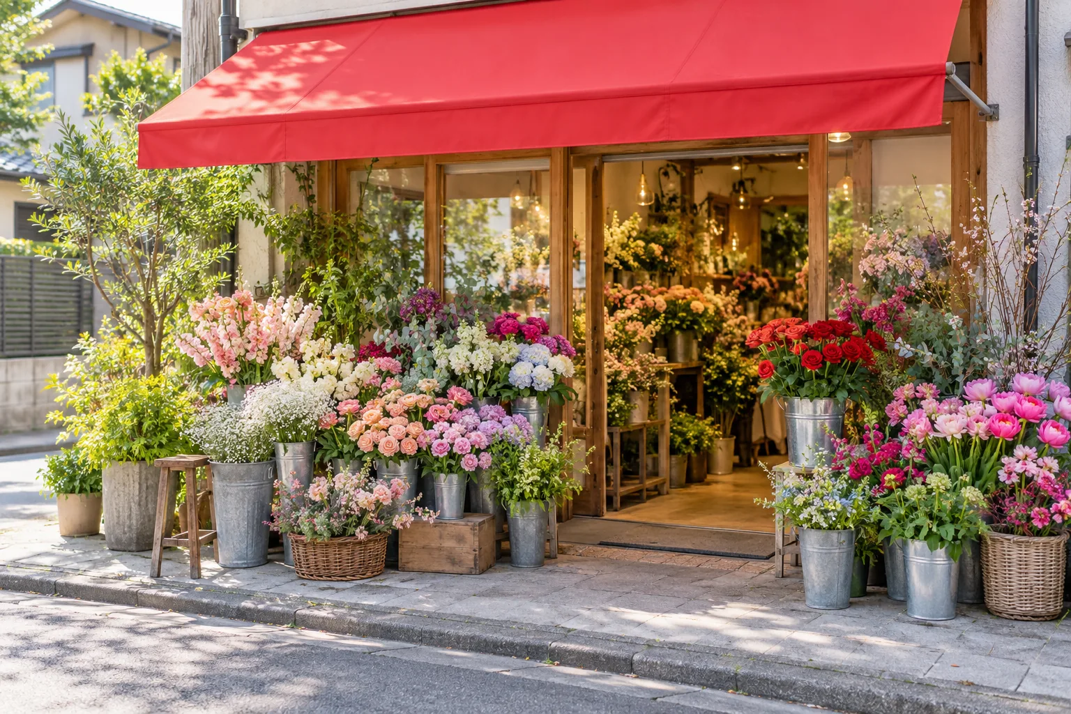 店先にならぶ色とりどりの花のバケツ