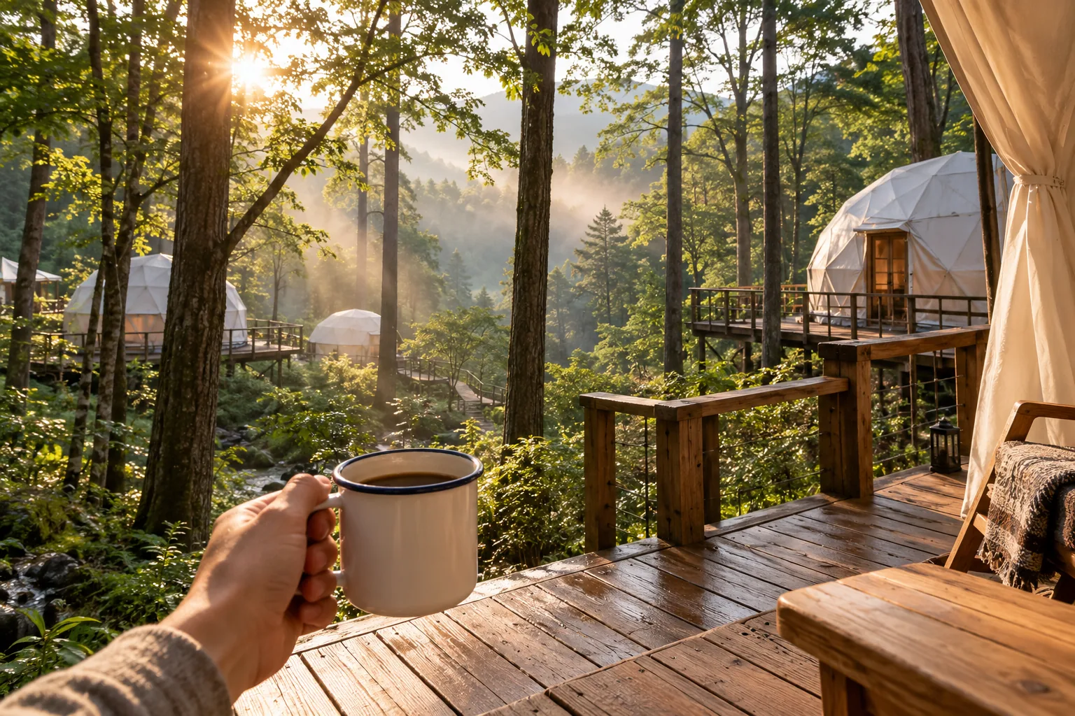 朝もやの森で、デッキの上のコーヒー