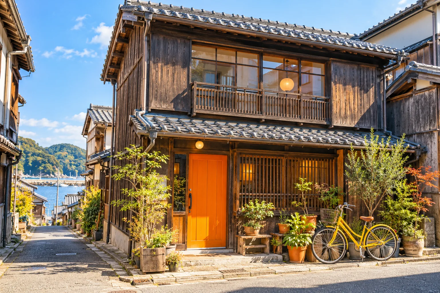 オレンジ色の戸と黄色い自転車がある、町家のゲストハウス