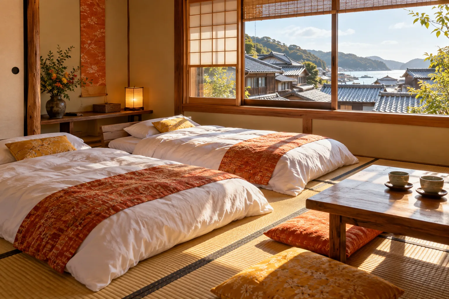 瓦屋根が見える窓のある、ふとん二組の和室
