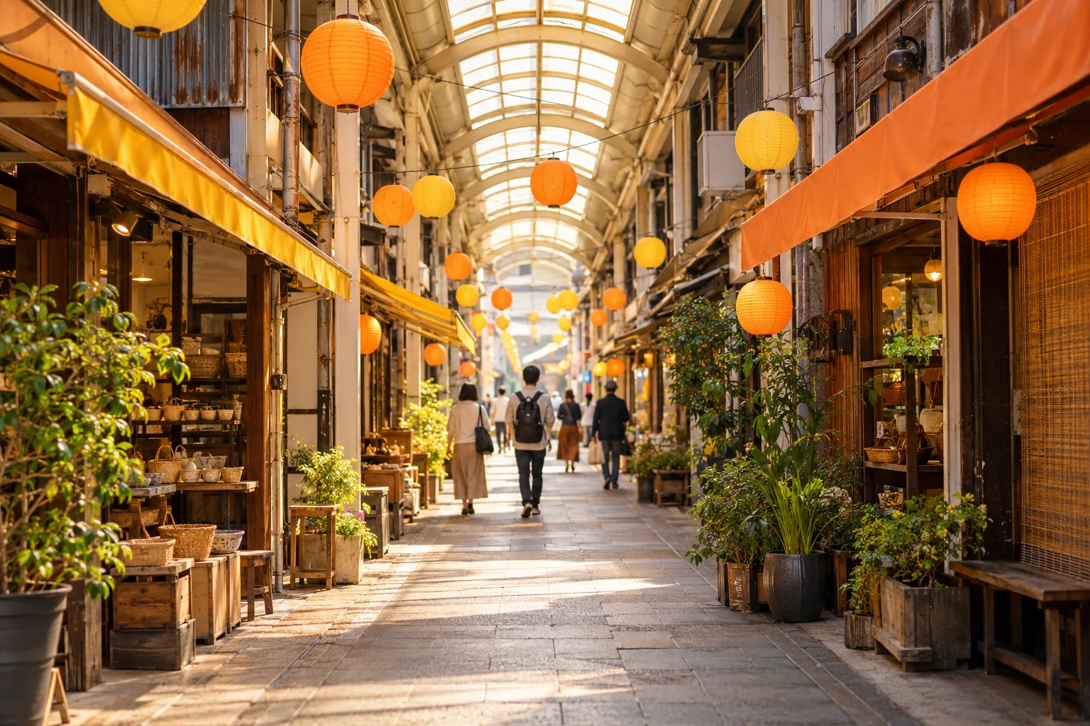 ちょうちんの下がる、レトロなアーケード商店街