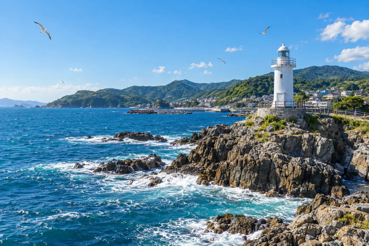 岩の岬の先に立つ白い灯台