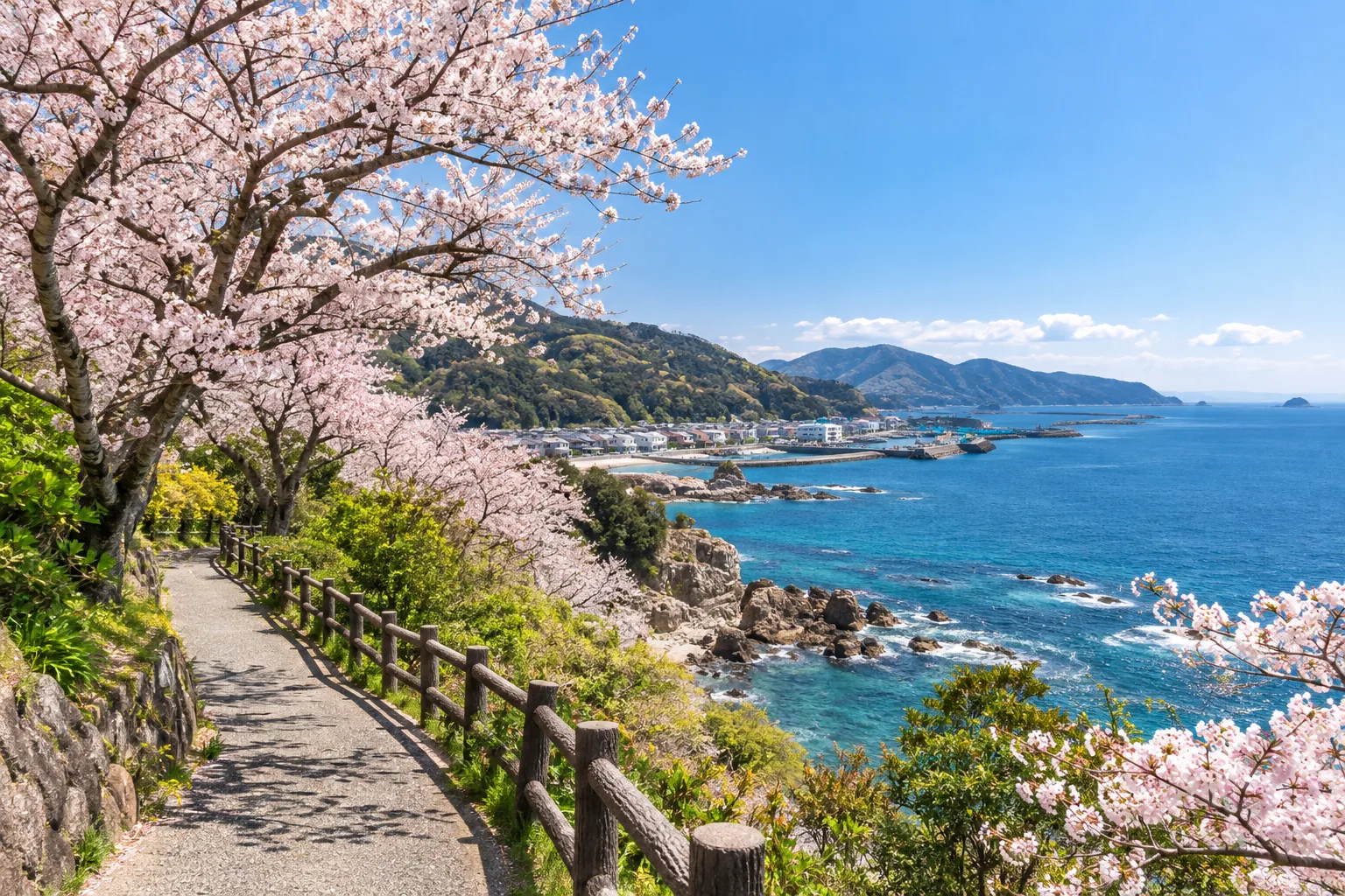 海を背に満開の桜が並ぶ岬の道